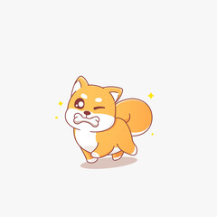 Cute shiba inu dog mascot biting the bone, vector illustration