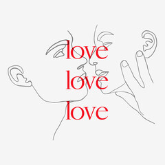 Love poster. Abstract man and woman touch by one line vector drawing. Portrait minimalistic style. Botanical print. Nature symbol of cosmetics. Modern continuous line art. Fashion print. Beaty salon - 477487686