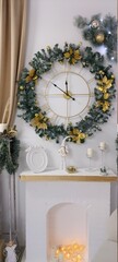 Clock and fireplace on a white wall. Decorative decoration for the holiday.