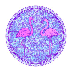 Circle zendala with flamingos on white. Birds. Zentangle. Hand drawn foliage mandala on isolated background. Design for spiritual relaxation for adults. Doodle for flyers, shirts and textiles