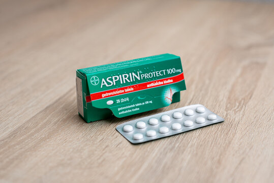 Sarajevo, Bosnia and Herzegovina - 12.04.2021: Aspirin protect 100mg pills on the table