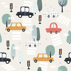 Seamless pattern with city traffic. Childish cute print with cars. Vector hand drawn illustration. - 477489660