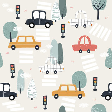 Seamless pattern with city traffic. Childish cute print with cars. Vector hand drawn illustration.