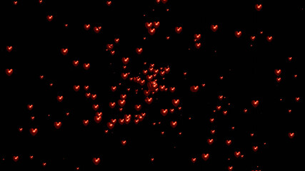 Valentine's Day background with red hearts isolated on black. 3d render illustration.