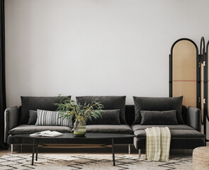 Minimalist modern living room interior background, 3D render © artjafara