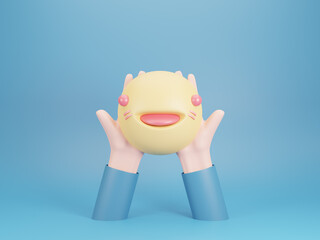 Hand holding smiling emoji on blue background, Positive thinking, Customer Satisfaction Assessment, World mental health day, 3d render illustration
