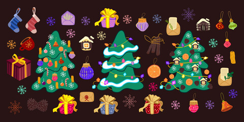 Big set of New Year's elements in cartoon style. Christmas trees, toys, decorations, gingerbread, gifts, pine cones, snowflake. Vector illustration.