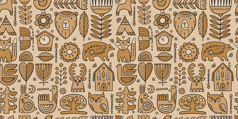 Nordic Ornament. Forest Animals, Folk Background. Seamless pattern for your design - obrazy, fototapety, plakaty