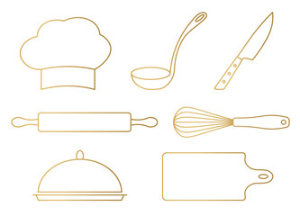 set of golden kitchen, cooking utensils icons: chef hat, ladle, knife, rolling pin, whisk, tray and cutting board - vector illustration