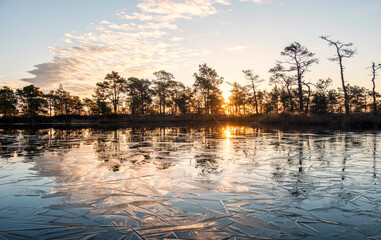 gorgeous sunrise on a bog lake in estonia
