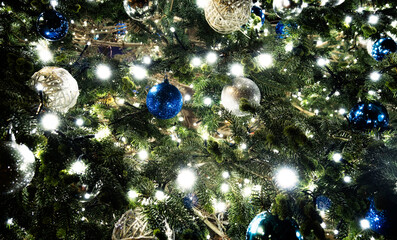 background of christmas tree, decorations and lights