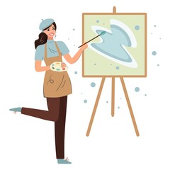 An adorable woman paints an abstract winter picture on canvas. A contemporary artist creates a picture. Young cheerful creative girl is engaged in art. Creative profession. Vector flat cartoon design.