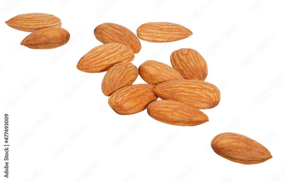 Poster a large pile of almonds isolated on a white background