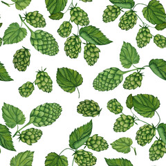 Hops Cones Leaves. Watercolor Seamless Pattern