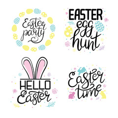 Easter greeting cars with spring flowers and calligraphy text.