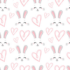 Seamless pattern with daisy garden and rabbits on pink background vector illustration.