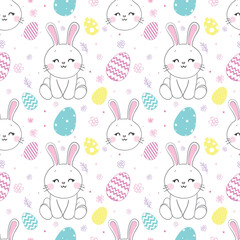 Seamless pattern with daisy garden and rabbits on pink background vector illustration.