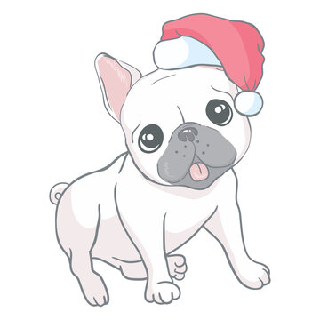 Christmas card. Image Portrait of French bulldog in Santa hats.