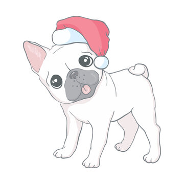 Christmas card. Image Portrait of French bulldog in Santa hats.