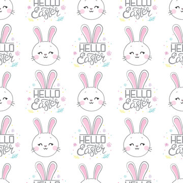 Seamless pattern with daisy garden and rabbits on pink background vector illustration.