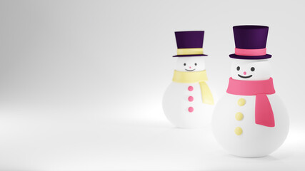 シルクハットに、赤いマフラーと黄色のマフラーをした雪だるまが二つ並んでいる