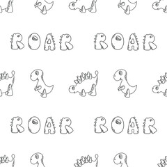 Children seamless pattern with outline illustrations of two cute dinosaurs and lettering “roar’’. Cartoon illustration for colouring page, kids room decor, print.