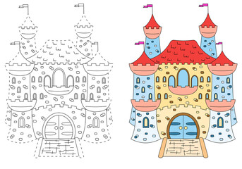 Fairytale castle. Coloring book for children. Practice of handwriting. Education Development Worksheet.