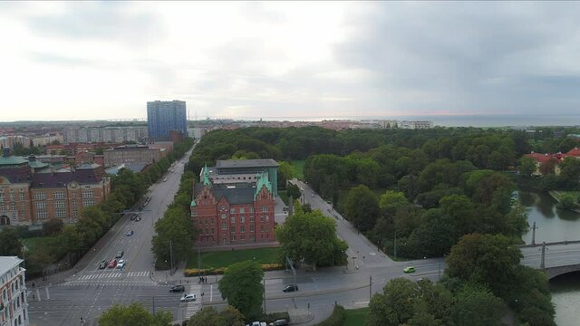 Aerial view of the city of malmö with library building, park and river