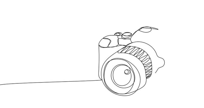 Animated continuous line drawing of Compact digital camera. Photography equipment concept
