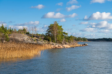Rocky coastal view and Gulf of Finland, trees, shore and sea, Kopparnas-Klobbacka area, Finland