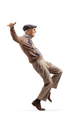 Full length shot of an elderly man in casual wear dancing and raising hands up