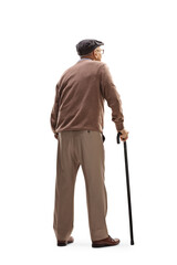 Rear view shot of an elderly man standing with a cane