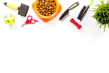Pet care background top view. Dry dog and cat food with toys
