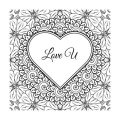 Mehndi flower with frame in shape of heart. decoration in ethnic oriental, doodle ornament.