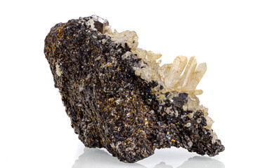 macro stone mineral quartz with galena on a white background
