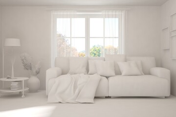 White minimalist living room with sofa. Scandinavian interior design. 3D illustration