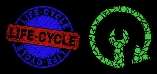 Vector mosaic update repair wrench icon, and bicolor Life-Cycle textured badge. Abstract mosaic of update repair wrench done of spheric, triangle, square geometric elements.