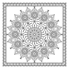 Mehndi flower for henna, mehndi, tattoo, decoration. Decorative ornament in ethnic oriental style, doodle ornament, outline hand draw. Coloring book page.