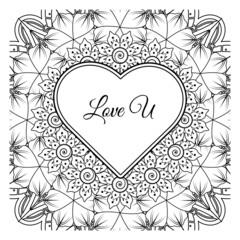 Mehndi flower with frame in shape of heart. decoration in ethnic oriental, doodle ornament.