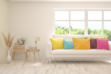 White living room with sofa and summer landscape in window. Scandinavian interior design. 3D illustration