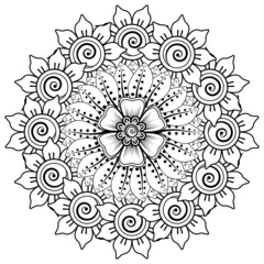 Mehndi flower for henna, mehndi, tattoo, decoration. Decorative ornament in ethnic oriental style, doodle ornament, outline hand draw. Coloring book page.