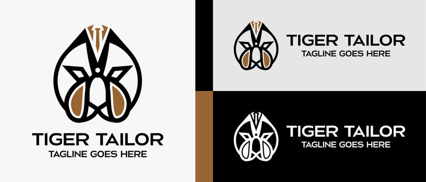 scissors and suit icon in the shape of a tiger's head. logo design template for tailor shop, sewing craft, textile production, confetti and garment. Vector illustration of fashion and clothes.