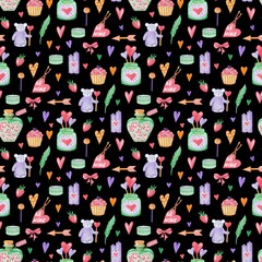 Watercolor seamless pattern for Valentine's Day. With hearts, sweets, candles, gifts and other cute elements.