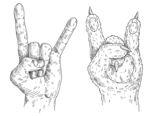 Cat paw and human hand show sign Rock and Roll. Vintage monochrome hatching illustration
