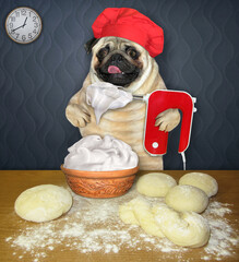 A beige dog baker in a red chef hat whips cream with mixer in a clay pot in a kitchen.