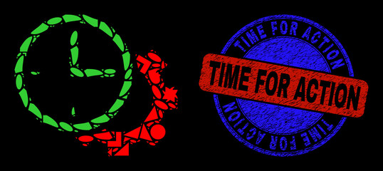 Fototapeta premium Vector mosaic time settings gear icon with bicolor Time for Action corroded stamp. Abstract mosaic of time settings gear done of spheric, triangle, square geometric spots.