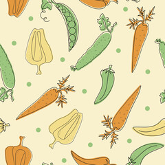 Vegetables seamless pattern, ornament with food ingredients. Food hand-drawn line art. Kitchen tablecloth print, pepper wrapping paper, carrot, cucumber, chili, pea pods. Vector illustration.