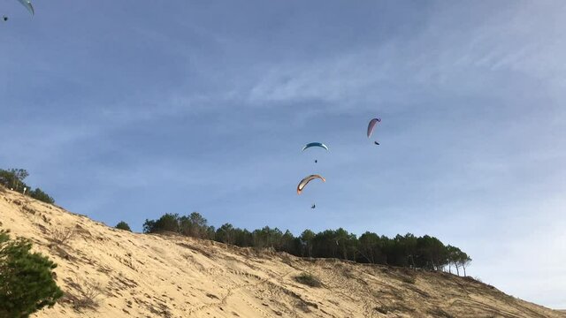 Groupe de parapentistes au dessus de la dune du Pilat sur fond de ciel bleu faisant des virages