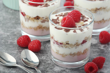 Granola with yogurt trifles with raspberry