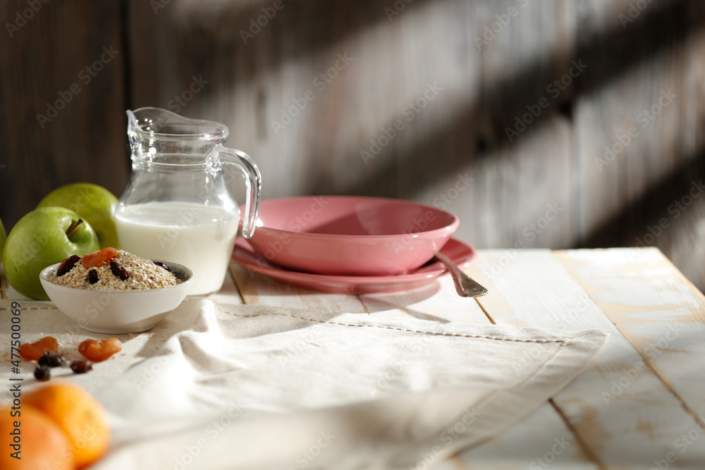 Sticker breakfast on the table in a beautiful sunny morning empty space